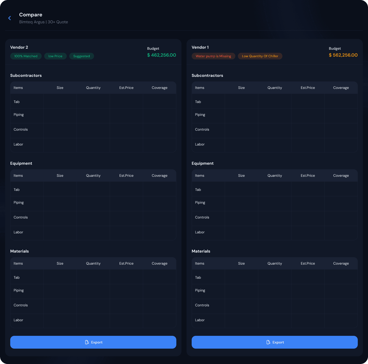 Argus compare view — side-by-side vendor analysis with subcontractors, equipment, and materials