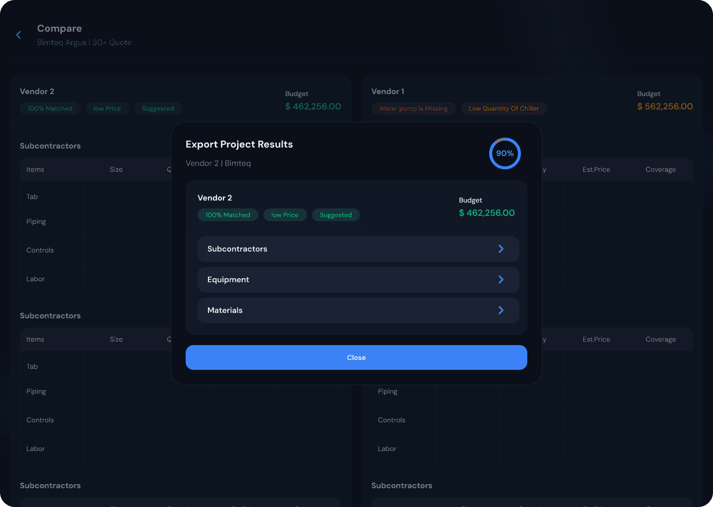 Argus export modal — 90% confidence score with vendor breakdown